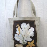 Seaside Tote Bag, Beige Beach Bag with Seahorse, White Coral, Seashell & Starfish, Market Shopping Tote, Vintage Fabric Panel, USA Handcrafted in New Mexico