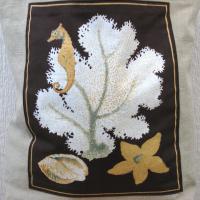 Seaside Tote Bag, Beige Beach Bag with Seahorse, White Coral, Seashell & Starfish, Market Shopping Tote, Vintage Fabric Panel, USA Handcrafted in New Mexico