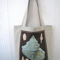 Seaside Tote Bag, Beige Beach Bag with an Assortment of Seashells, Market Shopping Tote, Vintage Fabric Panel, USA Handcrafted in New Mexico