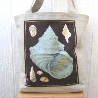 Seaside Tote Bag, Beige Beach Bag with an Assortment of Seashells, Market Shopping Tote, Vintage Fabric Panel, USA Handcrafted in New Mexico