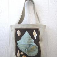 Seaside Tote Bag, Beige Beach Bag with an Assortment of Seashells, Market Shopping Tote, Vintage Fabric Panel, USA Handcrafted in New Mexico