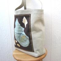 Seaside Tote Bag, Beige Beach Bag with an Assortment of Seashells, Market Shopping Tote, Vintage Fabric Panel, USA Handcrafted in New Mexico