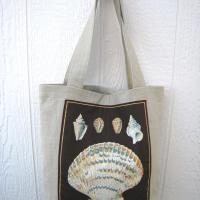 Seaside Tote Bag, Beige Beach Bag with an Assortment of Seashells, Market Shopping Tote, Vintage Fabric Panel, USA Handcrafted in New Mexico