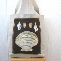 Seaside Tote Bag, Beige Beach Bag with an Assortment of Seashells, Market Shopping Tote, Vintage Fabric Panel, USA Handcrafted in New Mexico