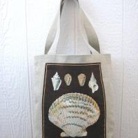 Seaside Tote Bag, Beige Beach Bag with an Assortment of Seashells, Market Shopping Tote, Vintage Fabric Panel, USA Handcrafted in New Mexico