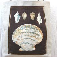 Seaside Tote Bag, Beige Beach Bag with an Assortment of Seashells, Market Shopping Tote, Vintage Fabric Panel, USA Handcrafted in New Mexico