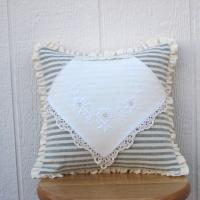 Cottage Décor Mini Pillow w. Ruffled Trim, Blue & White Striped Cotton w. Vintage Embroidered Hanky Applique, Insert Included, 12" x 12"