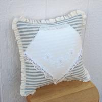 Cottage Décor Mini Pillow w. Ruffled Trim, Blue & White Striped Cotton w. Vintage Embroidered Hanky Applique, Insert Included, 12" x 12"