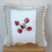 Cottage Décor Mini Pillow w. Ruffled Trim, Blue & White Stripe Cotton w. White Matelassé and Strawberry Applique, Insert Included, 12" x 12"
