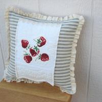 Cottage Décor Mini Pillow w. Ruffled Trim, Blue & White Stripe Cotton w. White Matelassé and Strawberry Applique, Insert Included, 12" x 12"