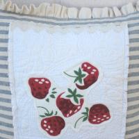 Cottage Décor Mini Pillow w. Ruffled Trim, Blue & White Stripe Cotton w. White Matelassé and Strawberry Applique, Insert Included, 12" x 12"