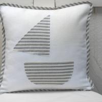 Seaside Cottage Pillow with Sailboat Applique, Blue White Striped Trim and Zipper Closure, Insert Included, 15" x 15", USA Handcrafted