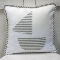 Seaside Cottage Pillow with Sailboat Applique, Blue White Striped Trim and Zipper Closure, Insert Included, 15" x 15", USA Handcrafted