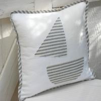 Seaside Cottage Pillow with Sailboat Applique, Blue White Striped Trim and Zipper Closure, Insert Included, 15" x 15", USA Handcrafted
