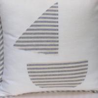 Seaside Cottage Pillow with Sailboat Applique, Blue White Striped Trim and Zipper Closure, Insert Included, 15" x 15", USA Handcrafted