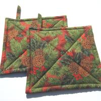 Christmas Potholders with Pine Boughs & Pinecones in Green, Brown, Red, Quilted Hot Pads, USA Made Stocking Stuffer, Housewarming, Hostess Gift