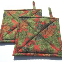 Christmas Potholders with Pine Boughs & Pinecones in Green, Brown, Red, Quilted Hot Pads, USA Made Stocking Stuffer, Housewarming, Hostess Gift