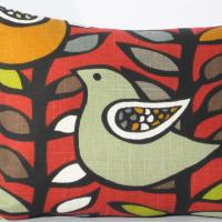 Mod Style Birds Mini Pillow Cover in Green, Gray, White on Red Linen Blend, KAS Designer Print, 11x15 Inches, USA Handmade