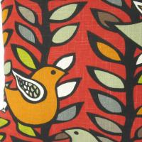 Mod Style Pillow Cover with Stylized Birds & Trees in Green, Gray, Black, White on Red Linen Cotton Blend, 19 x 19 Inches