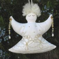 Christmas Angel Ornament, White & Gold Bejeweled Holiday Accent, NM Handmade