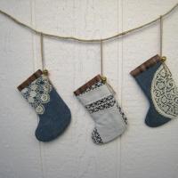Mini Christmas Stockings, Blue Chambray, Brown Plaid & Upcycled Vintage Doilies, Set of Three