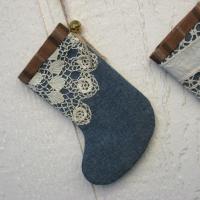 Mini Christmas Stockings, Blue Chambray, Brown Plaid & Upcycled Vintage Doilies, Set of Three