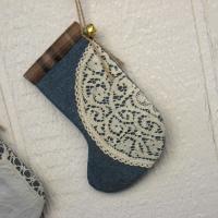 Mini Christmas Stockings, Blue Chambray, Brown Plaid & Upcycled Vintage Doilies, Set of Three