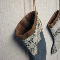 Mini Christmas Stockings, Blue Chambray, Brown Plaid & Upcycled Vintage Doilies, Set of Three