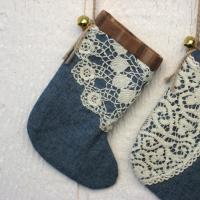 Mini Christmas Stockings, Blue Chambray, Brown Plaid & Upcycled Vintage Doilies, Set of Three