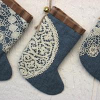 Mini Christmas Stockings, Blue Chambray, Brown Plaid & Upcycled Vintage Doilies, Set of Three