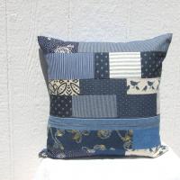 Denim Patchwork Pillow Cover, Upcycled Indigo Home Décor, Boho Style 18 x 18 Pillow Cover