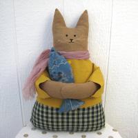 Primitive Cat and Fish in Caramel, Mustard Yellow, and Blue, Whimsical Cloth Art Cottage Décor, Rustic USA Handmade, Erlinda with Fish #1