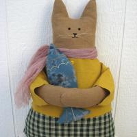 Primitive Cat and Fish in Caramel, Mustard Yellow, and Blue, Whimsical Cloth Art Cottage Décor, Rustic USA Handmade, Erlinda with Fish #1