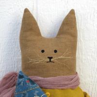 Primitive Cat and Fish in Caramel, Mustard Yellow, and Blue, Whimsical Cloth Art Cottage Décor, Rustic USA Handmade, Erlinda with Fish #1