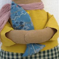 Primitive Cat and Fish in Caramel, Mustard Yellow, and Blue, Whimsical Cloth Art Cottage Décor, Rustic USA Handmade, Erlinda with Fish #1