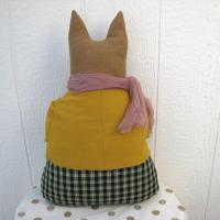 Primitive Cat and Fish in Caramel, Mustard Yellow, and Blue, Whimsical Cloth Art Cottage Décor, Rustic USA Handmade, Erlinda with Fish #1