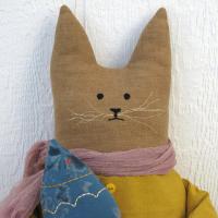 Primitive Cat and Fish in Caramel, Mustard Yellow, and Blue, Whimsical Cloth Art Cottage Décor, Rustic USA Handmade, Erlinda with Fish #1