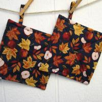 Apples & Maple Leaves Potholders, Autumn Décor Quilted Hot Pads, USA Hand Made, Wrapped for Gift Giving