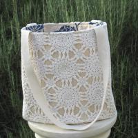 Crochet Tablecloth Tote Bag, Vintage Table Runner, Chic Upcycled Small Tote, USA Hand Made