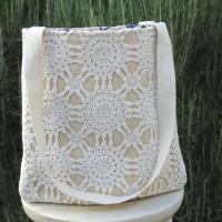 Crochet Tablecloth Tote Bag, Vintage Table Runner, Chic Upcycled Small Tote, USA Hand Made