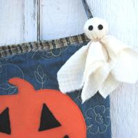Halloween Treats Bag, Rustic Doorhanger Decoration with Pumpkin and Ghost, USA Handmade