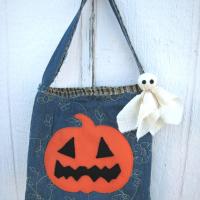 Halloween Treats Bag, Rustic Doorhanger Decoration with Pumpkin and Ghost, USA Handmade