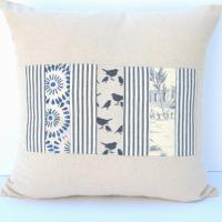 Shabby Cottage Pillow Cover, Beige Blue Patchwork 19" x 19" Country Patches Home Décor, USA Handmade