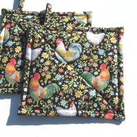 Garden Rooster Potholders, Flowers & Roosters Quilted Hot Pads, USA Handmade Housewarming, Hostess Gift