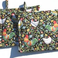 Garden Rooster Potholders, Flowers & Roosters Quilted Hot Pads, USA Handmade Housewarming, Hostess Gift