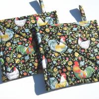 Garden Rooster Potholders, Flowers & Roosters Quilted Hot Pads, USA Handmade Housewarming, Hostess Gift