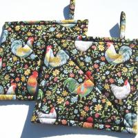 Garden Rooster Potholders, Flowers & Roosters Quilted Hot Pads, USA Handmade Housewarming, Hostess Gift