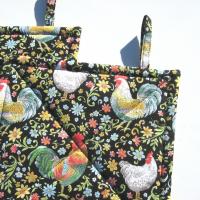 Garden Rooster Potholders, Flowers & Roosters Quilted Hot Pads, USA Handmade Housewarming, Hostess Gift