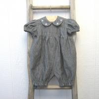  Baby Romper in Gray Pinstripe Linen with Hand-Embroidered Collar, Short-Sleeved 1-Pc. Linen Outfit for 3-to-6-Month-Old Baby