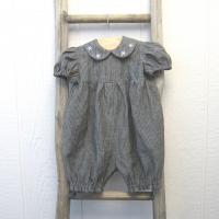  Baby Romper in Gray Pinstripe Linen with Hand-Embroidered Collar, Short-Sleeved 1-Pc. Linen Outfit for 3-to-6-Month-Old Baby